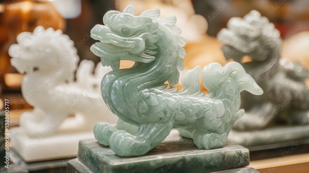Jade dragon figurine display in Asian market Jade dragon figurine display in Asian market