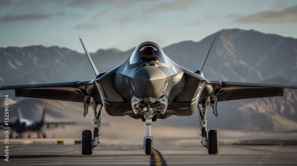 Fototapeta premium Stealth Fighter Jet on Runway, Desert Mountains Background