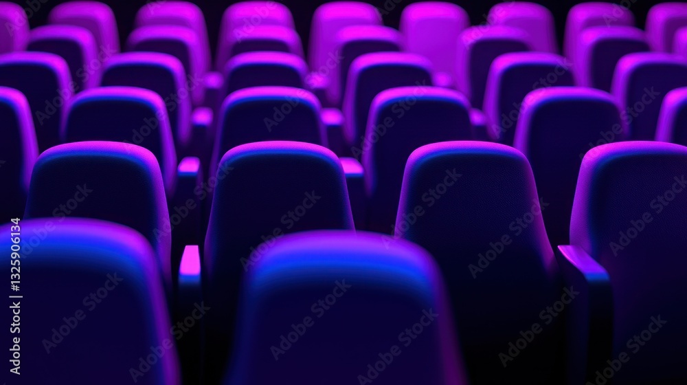 Fototapeta premium Rows of Empty Theater Seats Illuminated in Purple Light