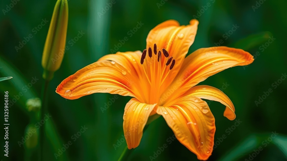 Delicate petals of orange daylily against green background with raindrops, raindrops, flower Delicate petals of orange daylily against green background with raindrops, raindrops, flower