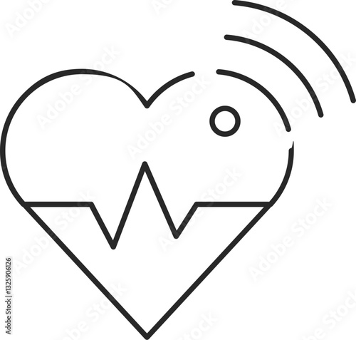 Smart heart rate monitor line icon with wireless signal, IoT health tracking, and medical technology, vector.