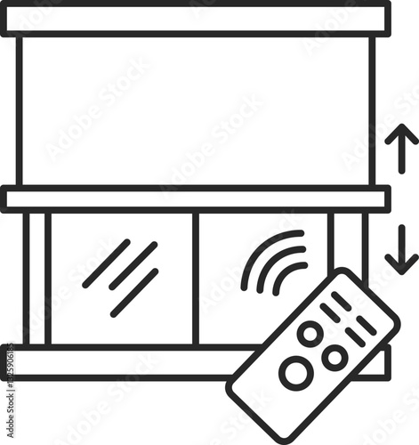 Smart window blinds line icon with wireless remote control, IoT home automation, vector.