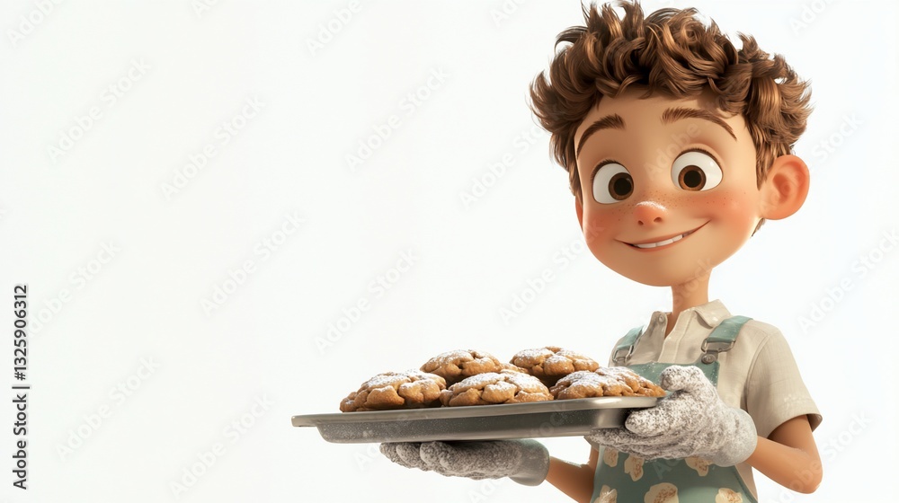 A cheerful cartoon boy proudly presents a tray of freshly baked cookies. A cheerful cartoon boy proudly presents a tray of freshly baked cookies.