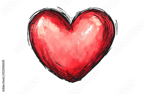 Red heart shape drawn with a brush, isolated on a transparent background. Cutout, PNG