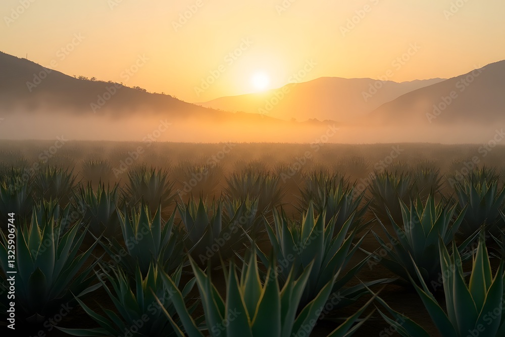 A lush agave field at sunrise, mist rolling over the plants. A lush agave field at sunrise, mist rolling over the plants.