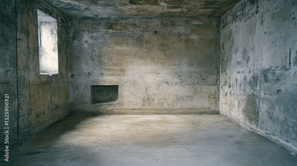 Fototapeta premium Empty, derelict room with rough concrete walls, a small window letting in dim light, and a damaged alcove.