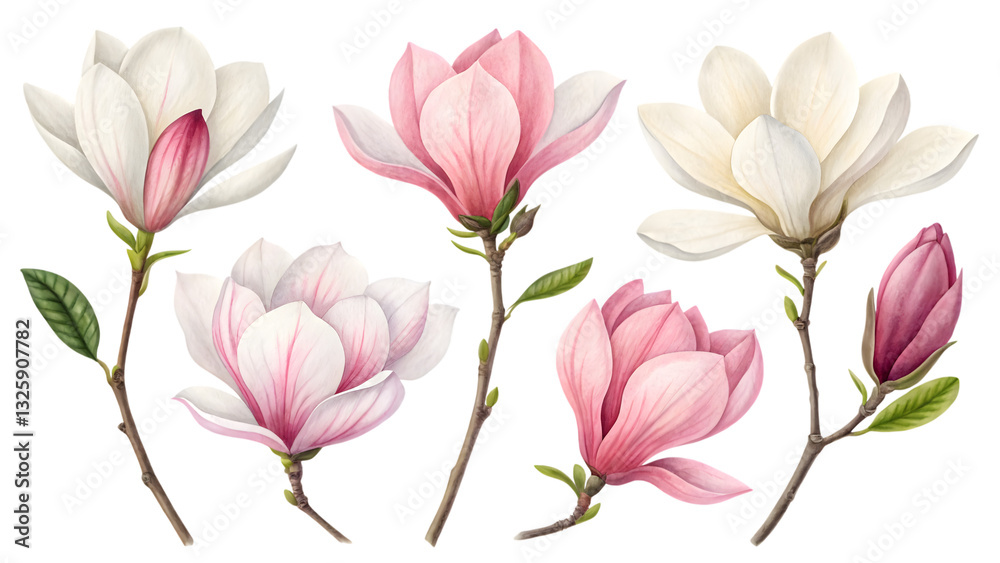 Fototapeta premium Magnolia Blossom: A collection of delicate magnolia blossoms in various stages of bloom, showcasing a range of colors from soft pink to creamy white.