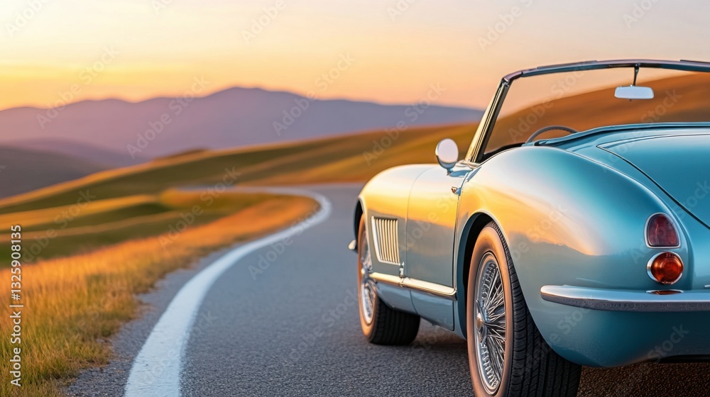 Naklejka premium A vintage convertible car from the 1960s parked on a winding road at sunset