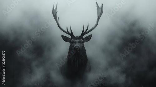 Majestic deer amidst mysterious fog in a gloomy forest setting