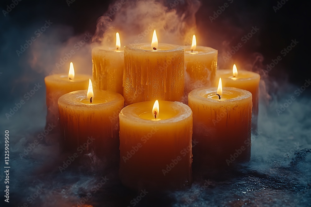 Mystical Burning Candles in Smoky Atmosphere, Dark Moody Still Life Photography Mystical Burning Candles in Smoky Atmosphere, Dark Moody Still Life Photography