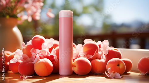 mockup of pink cylindrical plastic cosmetic bottle with white cap close-up surrounded by a mountain of ripe peaches or apricots with pink flowers