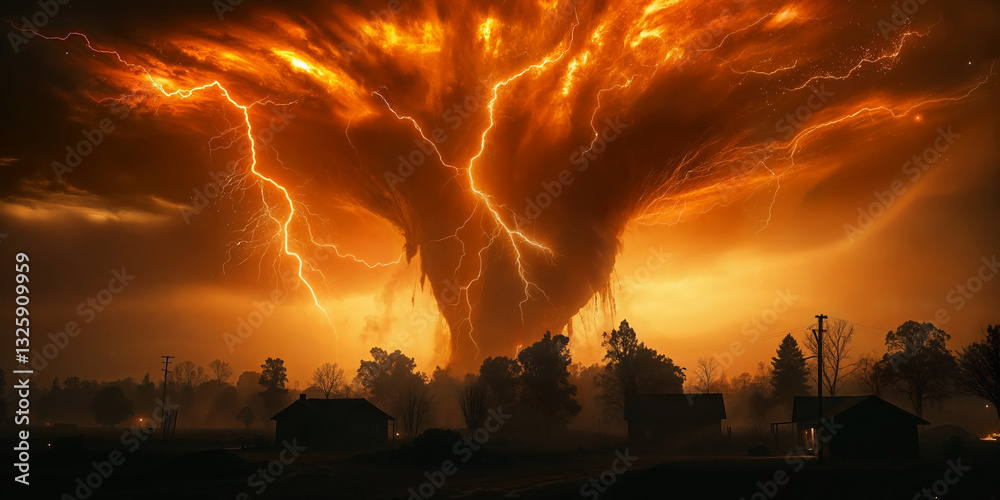 Fototapeta premium Violent Tornado Ripping Through Landscape Causing Widespread Destruction and Highlighting the Power of Nature’s Fury