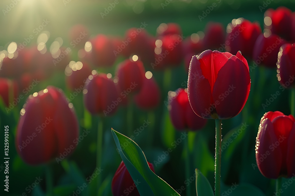 Fototapeta premium Red Tulips Field Sunrise Dew Drops Spring Bloom leaf love plant image green color fresh