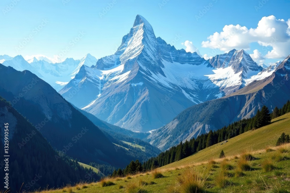 Fototapeta premium Snow-capped peaks rise high above the valley floor, landscape, mountainside