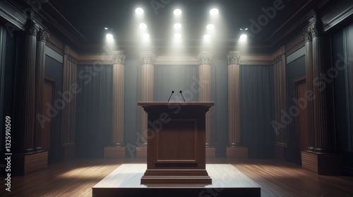 Elegant Wooden Podium on Stage in Dramatic Lit Courtroom Setting