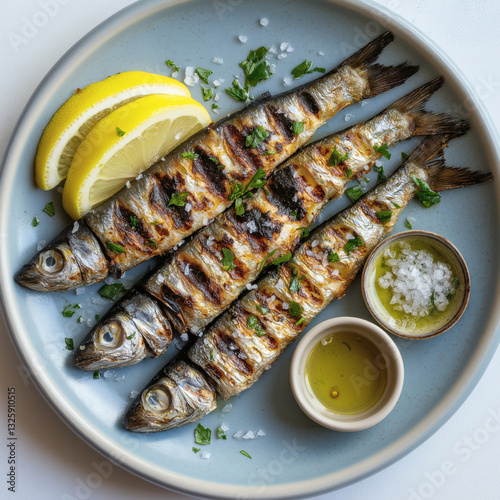 Healthy Mediterranean Grilled Fish: Sardines with Lemon, Fresh Herbs & Olive Oil – A Vibrant Culinary Presentation for a Gourmet Seafood Experience