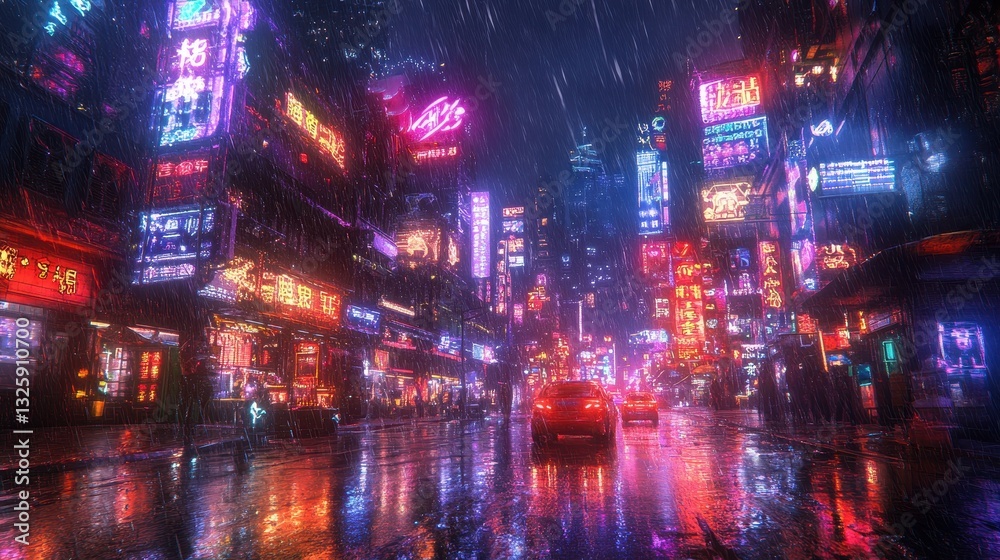 Obraz premium Neon-lit street in rainy city night with vibrant reflections