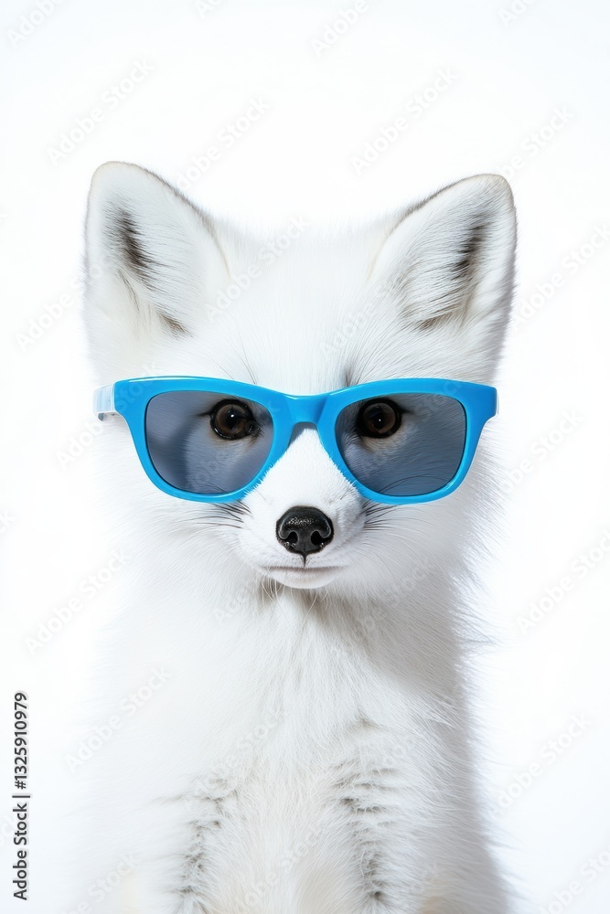 Fototapeta premium Cute Arctic fox wearing blue sunglasses looking playful against a white background, adorable pet fashion, trendy animal portrait, fun summer vibes.