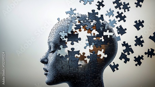 Head splitting into puzzle pieces representing fragmented thoughts and self reconnection