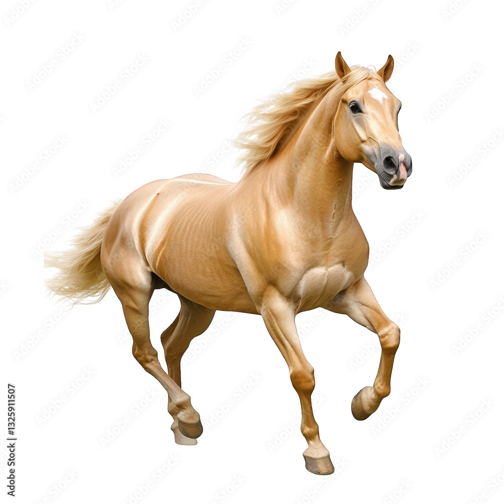 Obraz premium a golden horse gallops gracefully showcasing its muscular build and flowing mane against a clean white background. beauty and elegance of majestic animal in motion