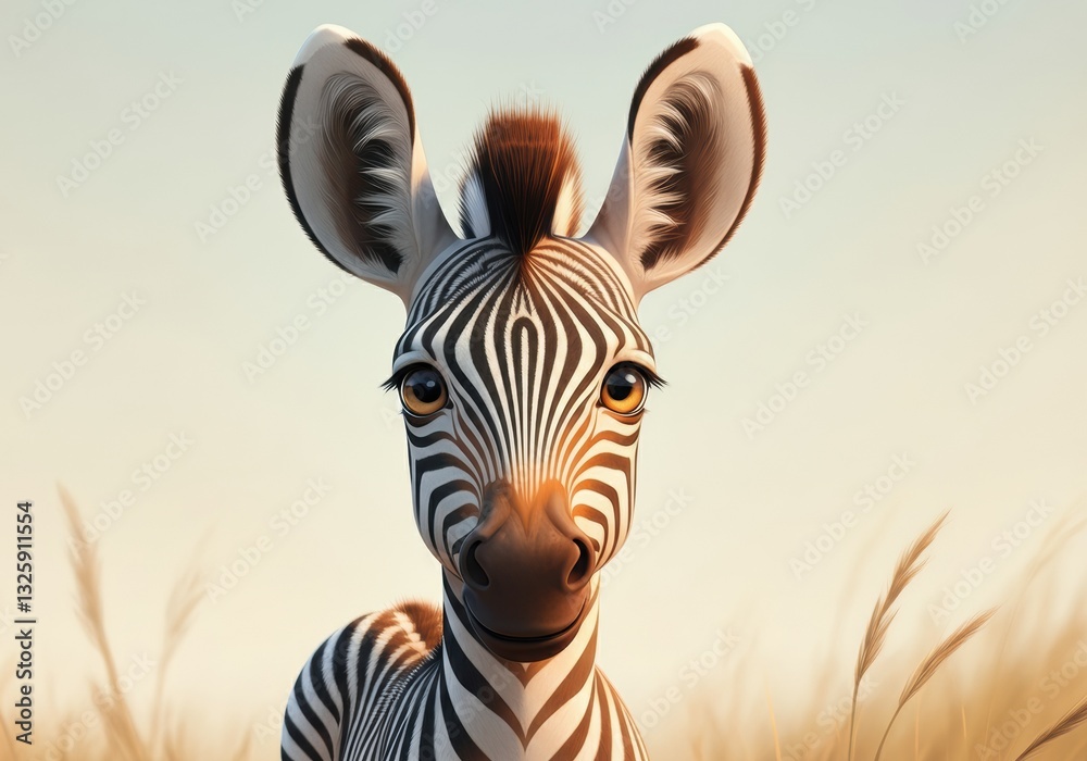 Fototapeta premium Adorable zebra foal with striking black and white stripes in a grassy field