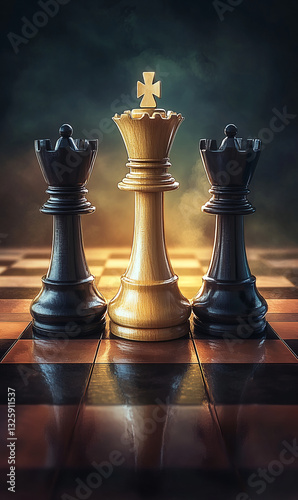 Elegant chess pieces on a reflective board, emphasizing strategy and intellectual gamesmanship