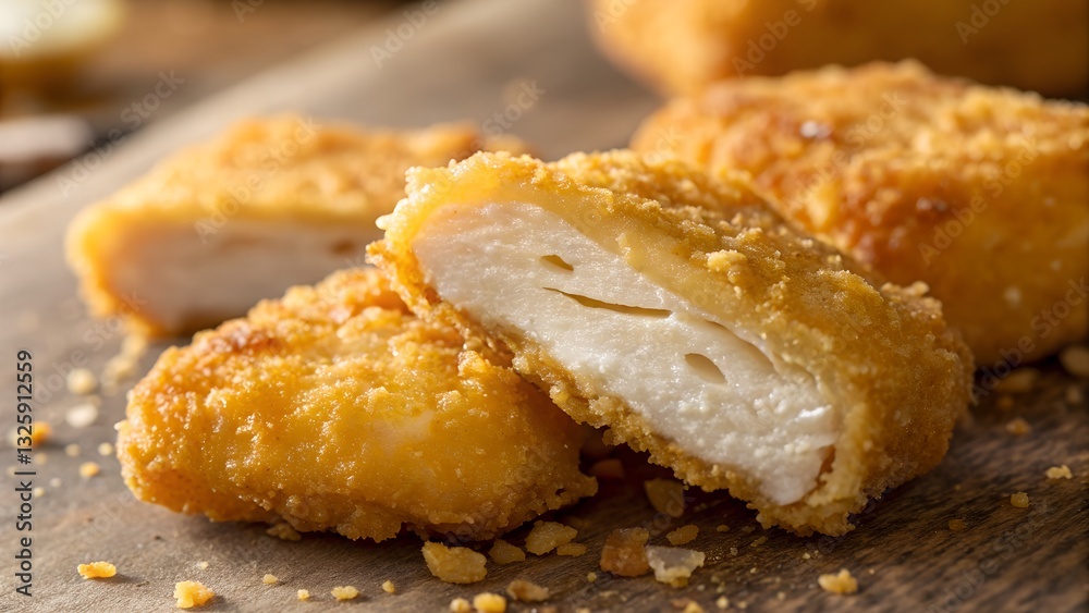Golden Crispy Chicken Nuggets: Close-up shot of appetizing, golden-brown chicken nuggets, perfectly fried to a crispy texture with a juicy, tender interior, making them a savory snack. Golden Crispy Chicken Nuggets: Close-up shot of appetizing, golden-brown chicken nuggets, perfectly fried to a crispy texture with a juicy, tender interior, making them a savory snack.