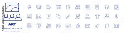 Art icons collection. Thin Line icons, editable stroke. art, art and design, art book, art show, canvas, landscape, drawing, color pencils, poster, pen