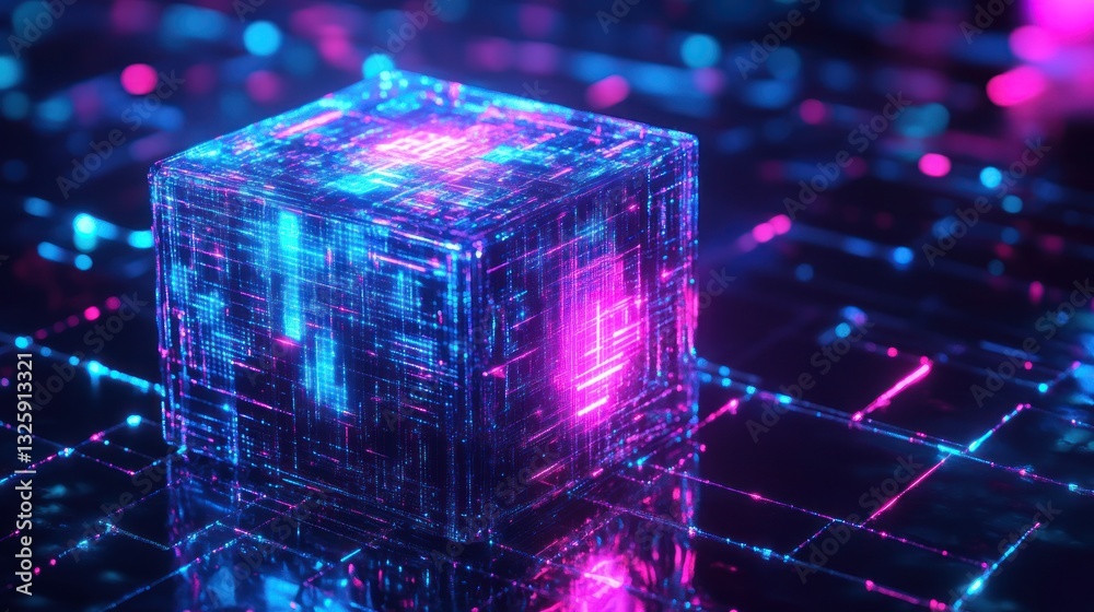 Neon Cube in Futuristic Grid Neon Cube in Futuristic Grid