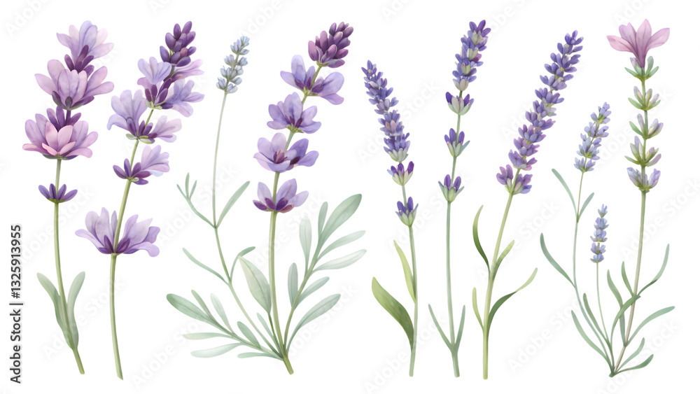 Fototapeta premium Elegant Lavender Blooms: A cluster of delicate lavender flowers in various stages of bloom, their purple and green hues offering a soothing and fresh feel.