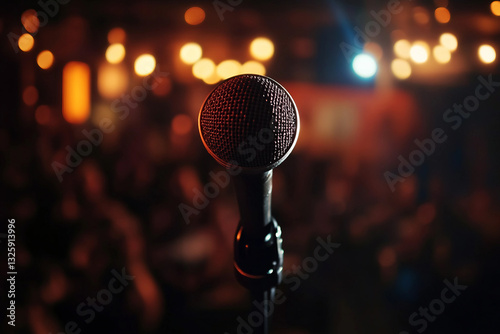 Stand-up comedian performing live on stage with microphone, vibrant concert ambiance created with generative AI
