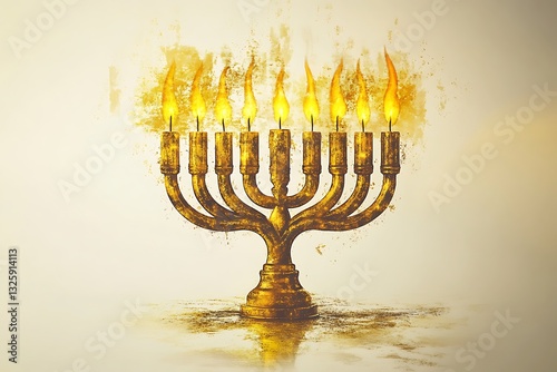 Ancient Golden Menorah with Burning Candles, Hanukkah Illustration