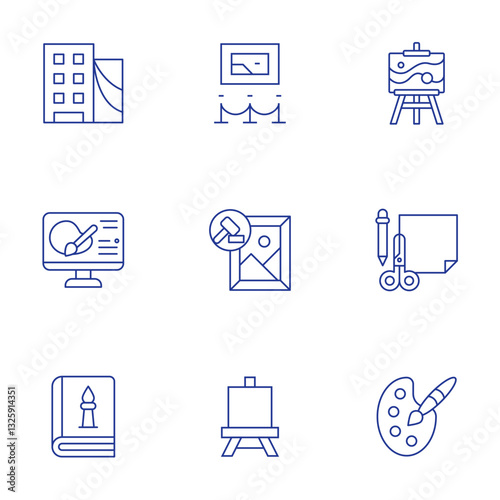 Art icons set. Thin Line style, editable stroke. urban art, digital art, art book, art museum, auction, art, easel, origami, paint palette