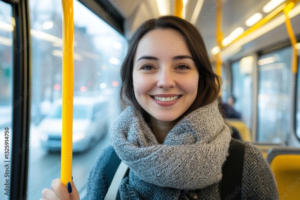 Smiling Woman on Public Transportation Winter Fashion Grey Scarf Happy Commute Daily Life Urban Scene Public