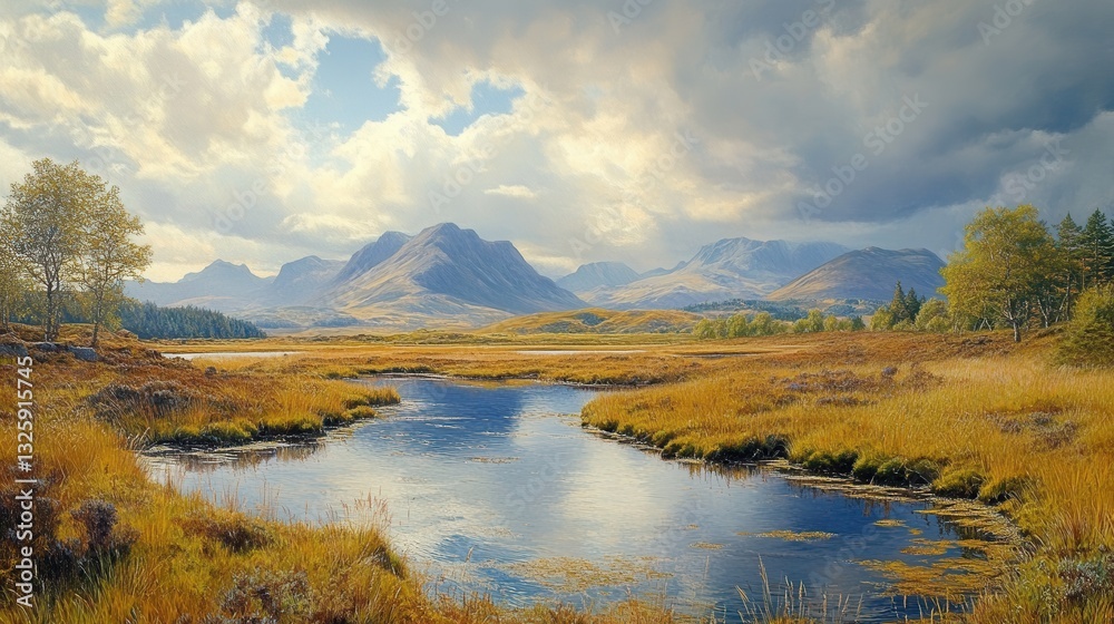 Fototapeta premium Tranquil autumn landscape with mountains and calm lake under cloudy sky
