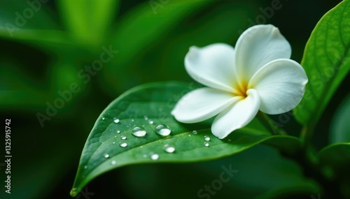 Water droplets on a green leaf of a gardenia plant, water droplets, natural, botanical