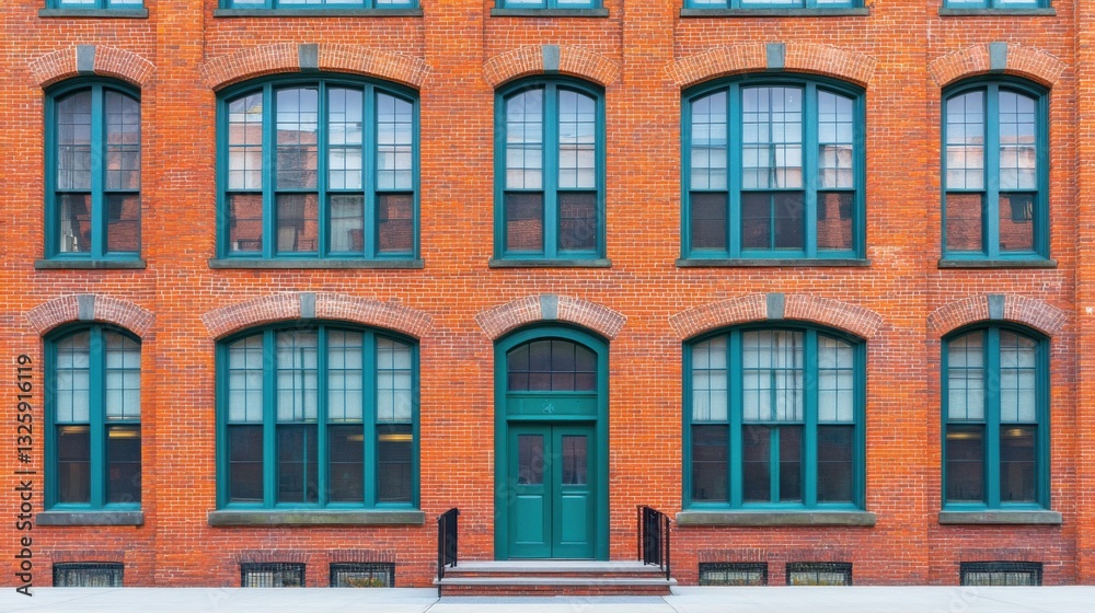 Red Brick Building with Green Windows and Front Door in Urban Setting Red Brick Building with Green Windows and Front Door in Urban Setting