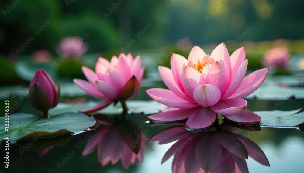 Water lilies unfolding their delicate pink petals in the pond, gentle hues, blossoms, water lilies Water lilies unfolding their delicate pink petals in the pond, gentle hues, blossoms, water lilies
