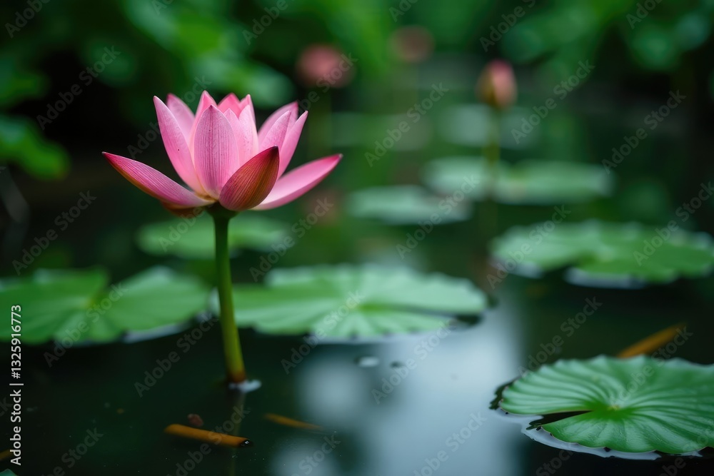 Water lily with long green stem emerging from murky swamp water, plant, aquatic Water lily with long green stem emerging from murky swamp water, plant, aquatic
