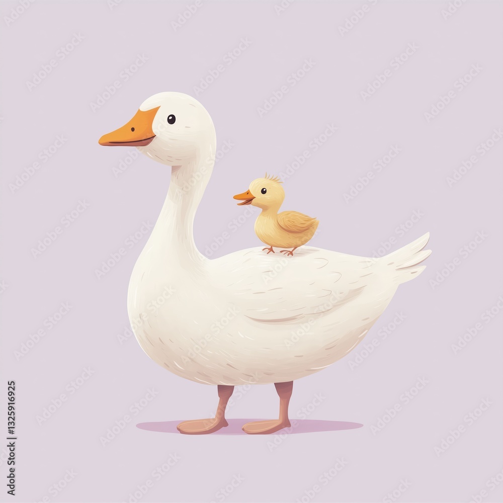 Obraz premium Minimalist, hand-painted digital illustration: white goose with chick, soft lines, lilac background, golden-brown beak/feet, Scandinavian-inspired, no outlines