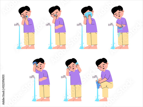 Wudhu steps Islam religion ablution procedure clean water religious before praying Salat lesson guidance washing boy kid character cartoon illustration