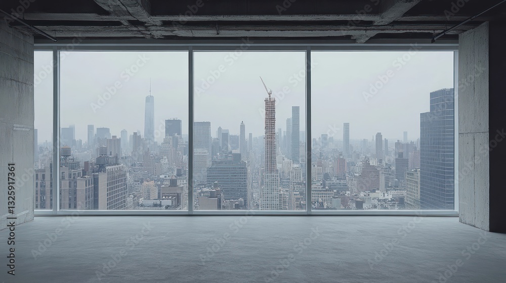 Fototapeta premium Empty modern office with panoramic city view through large window.