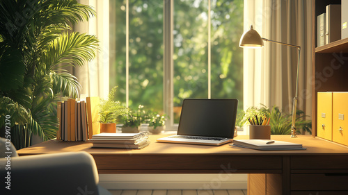 A cozy home office with a wooden desk, laptop, books, and green plants by a large window, illuminated by natural light.