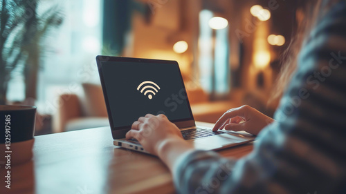 A person using a laptop in a cozy café encounters a no WiFi connection error on the screen, disrupting their work.