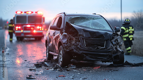 A heavily damaged black SUV after a severe car accident on a wet road, with firefighters and an emergency vehicle on-site.
