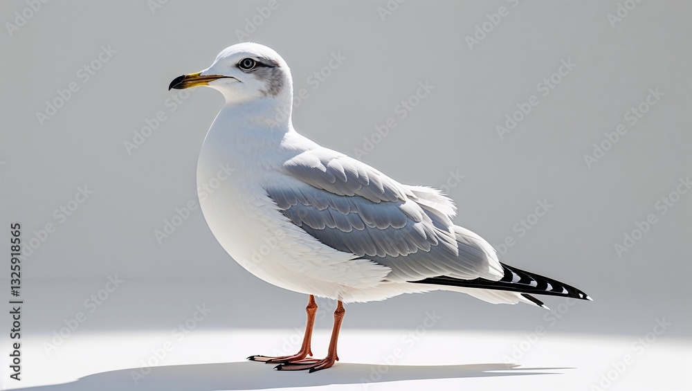 Seagull standing on white background in studio setting with soft lighting Seagull standing on white background in studio setting with soft lighting