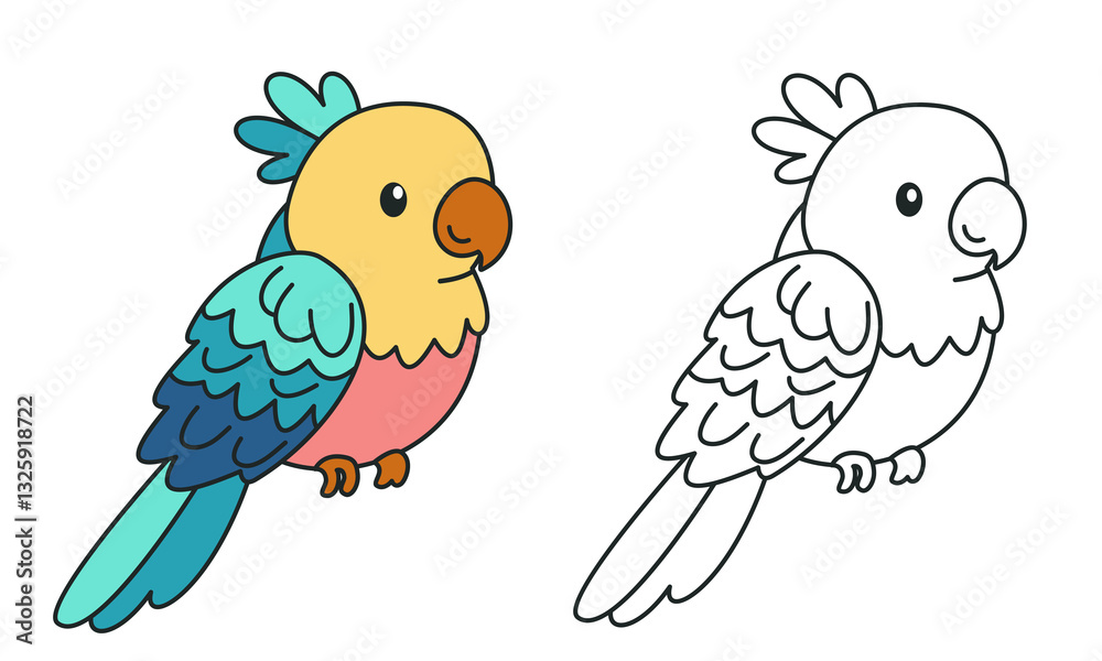 Naklejka premium Flat vector illustration for children's coloring book. Cute parrot in black and white and color version. Wild animals of safari and Africa . Vector illustration