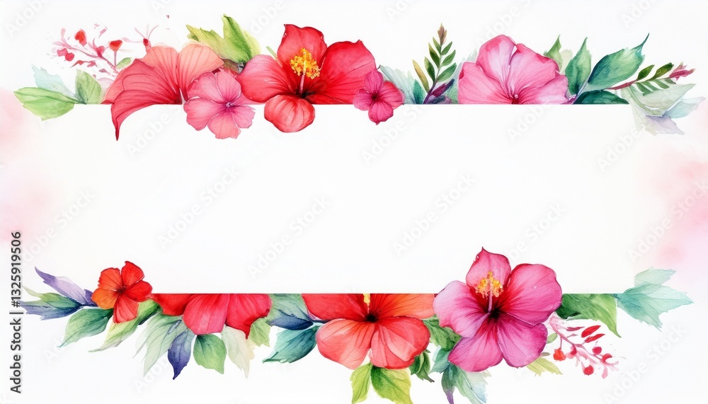Obraz premium A vibrant watercolor frame with large, tropical hibiscus flowers blooming