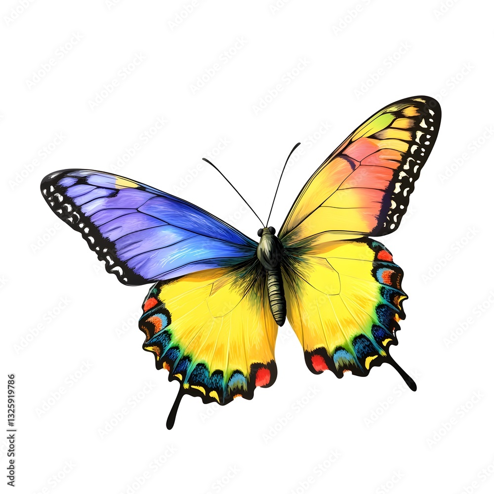 Obraz premium Stunning butterfly illustration displayed in vibrant colors against a pure white background for a bright and cheerful vibe
