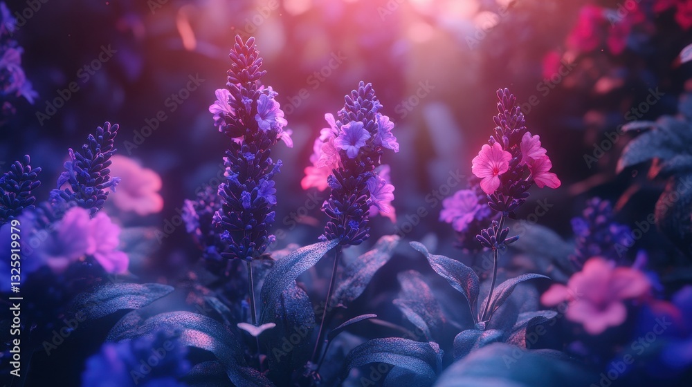 Fototapeta premium Vibrant purple and pink flowers in enchanting sunset glow